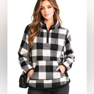 Berkley Jensen Quarter Zip Fleece Buffalo Plaid Pullover Top Black White XL